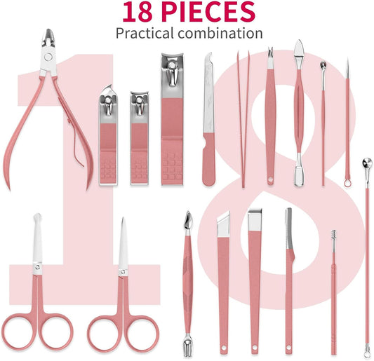 Glowvica Professional 18 Piece Manicure and Pedicure Kit, Stainless Steel Nail Care Set with Travel Case