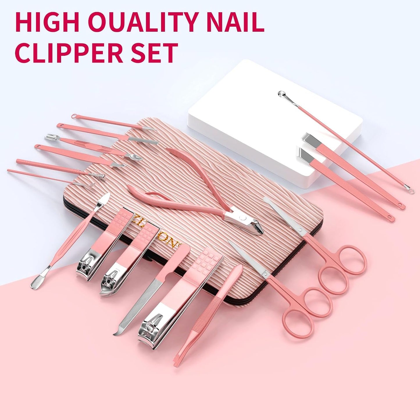Glowvica Professional 18 Piece Manicure and Pedicure Kit, Stainless Steel Nail Care Set with Travel Case