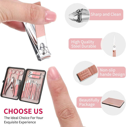 Glowvica Professional 18 Piece Manicure and Pedicure Kit, Stainless Steel Nail Care Set with Travel Case